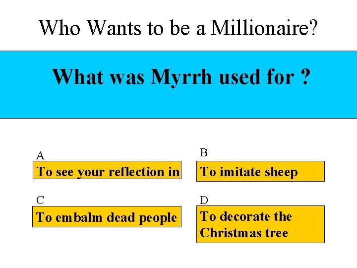 Who Wants to be a Millionaire? What was Myrrh used for ? A B