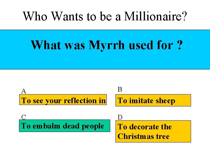 Who Wants to be a Millionaire? What was Myrrh used for ? A B