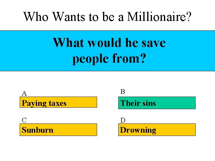 Who Wants to be a Millionaire? What would he save people from? A B