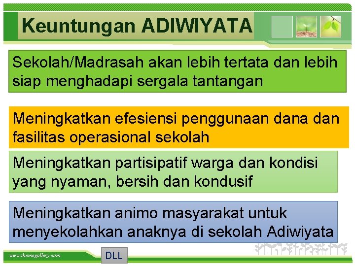 Keuntungan ADIWIYATA Sekolah/Madrasah akan lebih tertata dan lebih siap menghadapi sergala tantangan Meningkatkan efesiensi