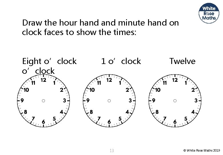 Draw the hour hand minute hand on clock faces to show the times: Eight