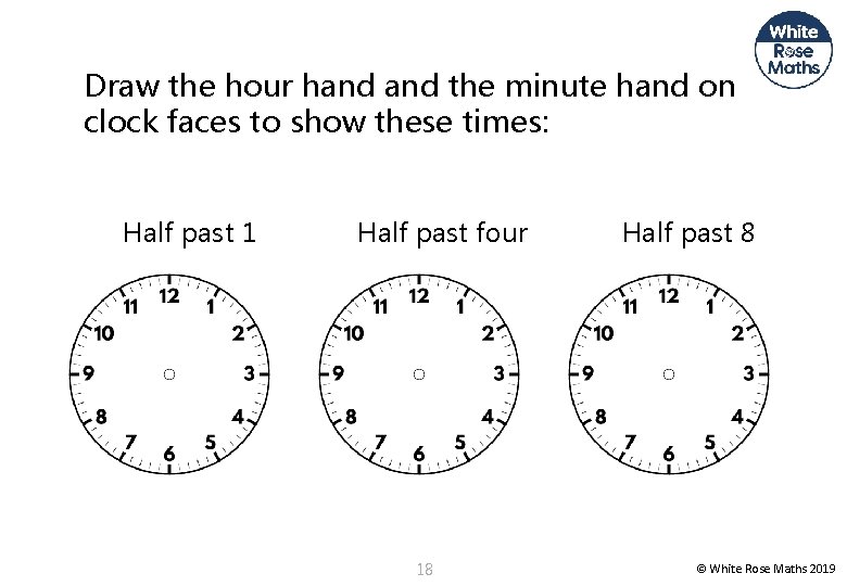 Draw the hour hand the minute hand on clock faces to show these times: