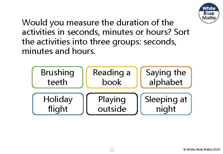 Would you measure the duration of the activities in seconds, minutes or hours? Sort