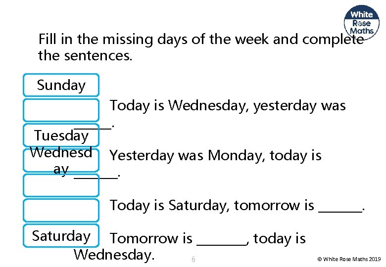 Fill in the missing days of the week and complete the sentences. Sunday Today