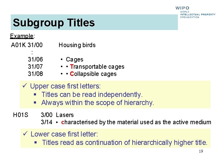 Subgroup Titles Example: A 01 K 31/00 : 31/06 31/07 31/08 Housing birds •