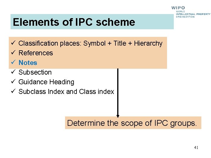 Elements of IPC scheme ü ü ü Classification places: Symbol + Title + Hierarchy