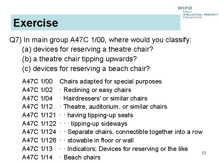 Exercise Q 7) In main group A 47 C 1/00, where would you classify: