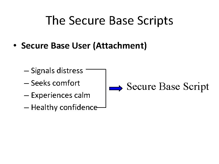 The Secure Base Scripts • Secure Base User (Attachment) – Signals distress – Seeks