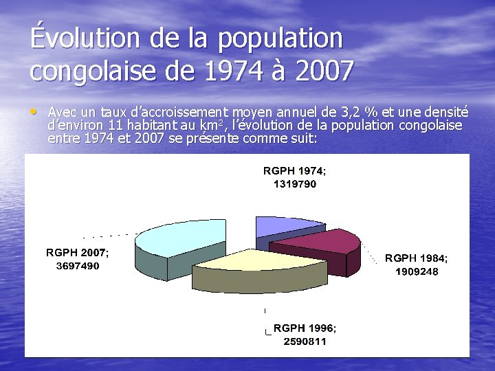 Évolution de la population congolaise de 1974 à 2007 • Avec un taux d’accroissement Évolution de la population congolaise de 1974 à 2007 • Avec un taux d’accroissement