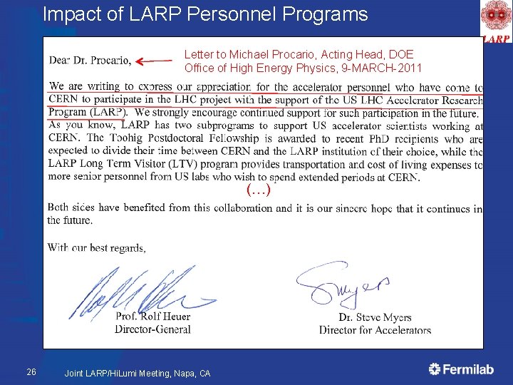 Impact of LARP Personnel Programs Letter to Michael Procario, Acting Head, DOE Office of