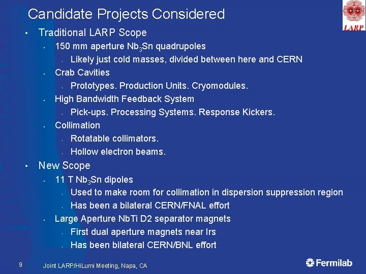 Candidate Projects Considered • Traditional LARP Scope § 150 mm aperture Nb 3 Sn