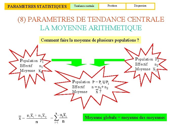 PARAMETRES STATISTIQUES Tendance centrale Position Dispersion (8) PARAMETRES DE TENDANCE CENTRALE LA MOYENNE ARITHMETIQUE