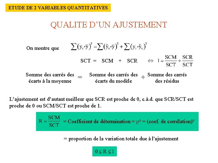 ETUDE DE 2 VARIABLES QUANTITATIVES QUALITE D’UN AJUSTEMENT On montre que SCT = SCM