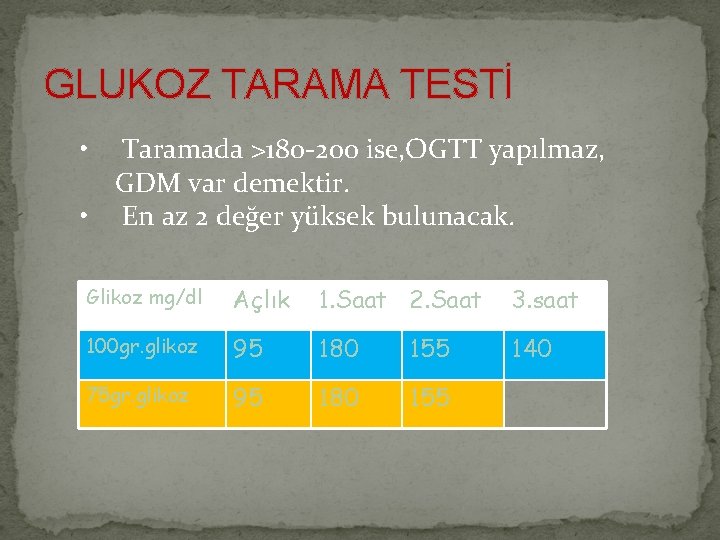 GLUKOZ TARAMA TESTİ • Taramada >180 -200 ise, OGTT yapılmaz, GDM var demektir. •