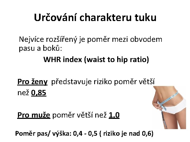 Určování charakteru tuku Nejvíce rozšířený je poměr mezi obvodem pasu a boků: WHR index