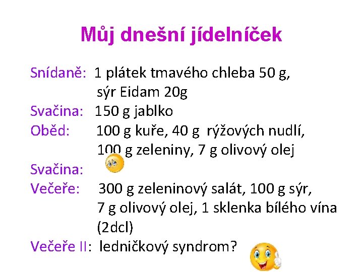 Můj dnešní jídelníček Snídaně: 1 plátek tmavého chleba 50 g, sýr Eidam 20 g