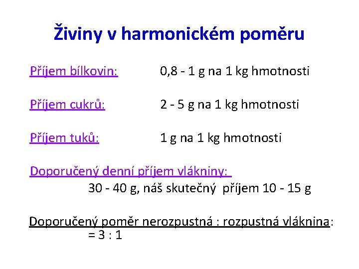 Živiny v harmonickém poměru Příjem bílkovin: 0, 8 - 1 g na 1 kg
