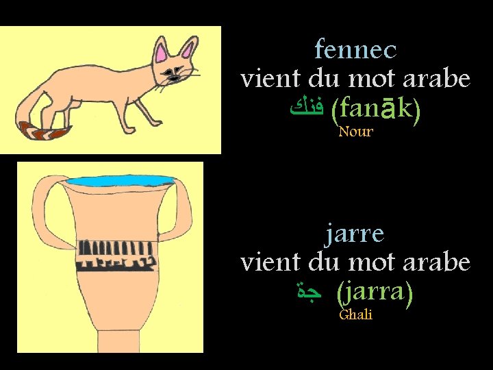 fennec vient du mot arabe ( ﻓﻨﻚ fanāk) Nour jarre vient du mot arabe