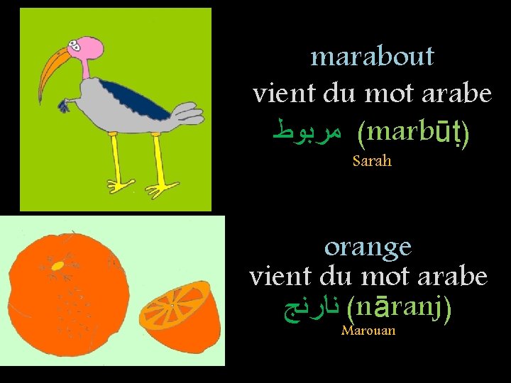 marabout vient du mot arabe ( ﻣﺮﺑﻮﻁ marbūṭ) Sarah orange vient du mot arabe