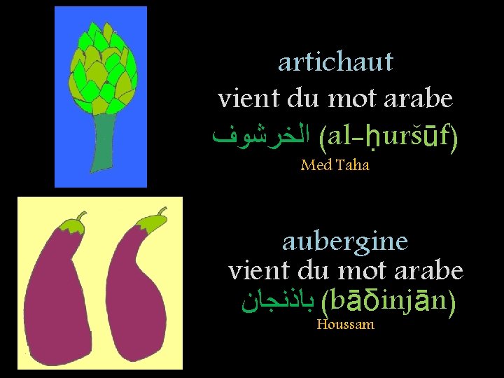 artichaut vient du mot arabe ( ﺍﻟﺨﺮﺷﻮﻑ al-ḥuršūf) Med Taha aubergine vient du mot