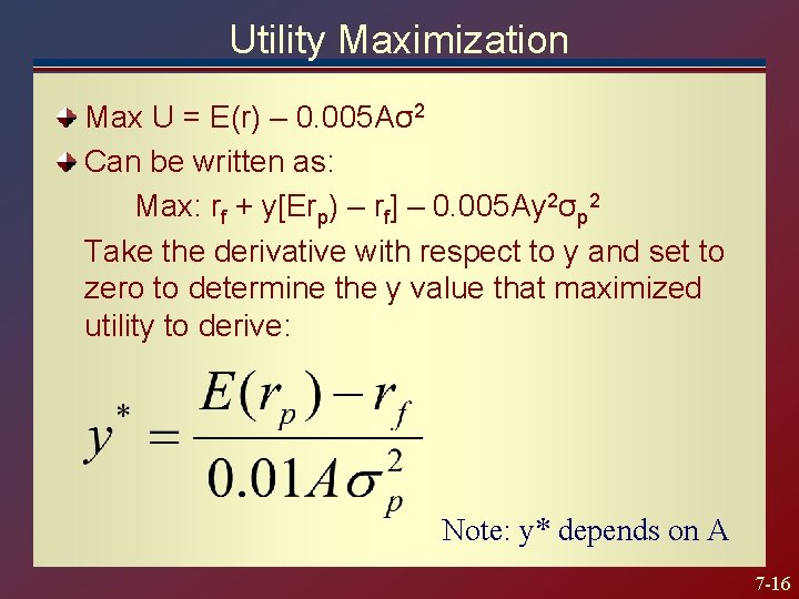 Utility Maximization Max U = E(r) – 0. 005 Aσ2 Can be written as: