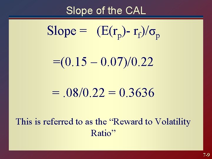 Slope of the CAL Slope = (E(rp)- rf)/σp =(0. 15 – 0. 07)/0. 22