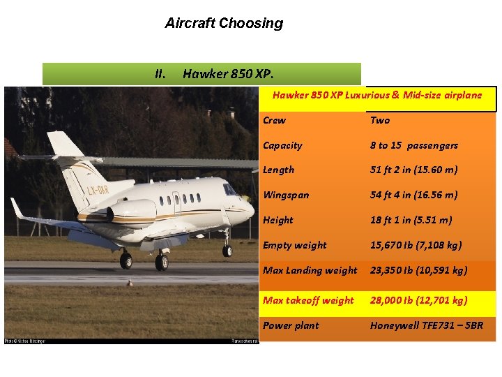 Aircraft Choosing II. Hawker 850 XP Luxurious & Mid-size airplane Crew Two Capacity 8