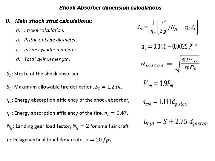 Shock Absorber dimension calculations II. Main shock strut calculations: a. Stroke calculation. b. Piston