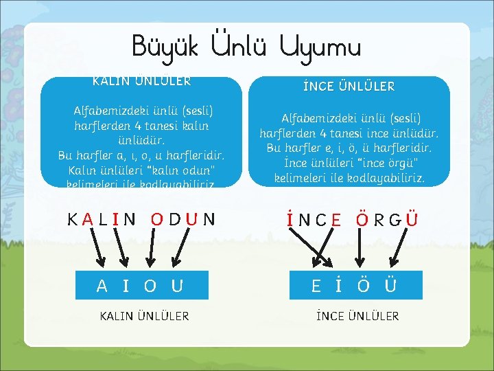 Büyük Ünlü Uyumu KALIN ÜNLÜLER İNCE ÜNLÜLER Alfabemizdeki ünlü (sesli) harflerden 4 tanesi kalın