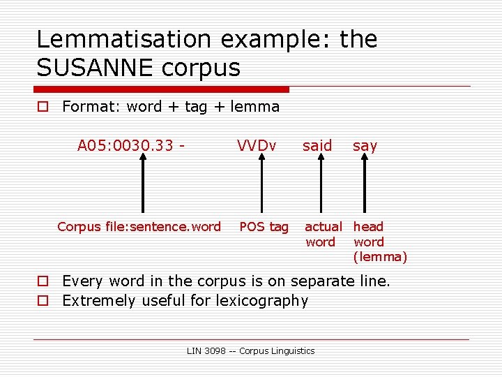 Lemmatisation example: the SUSANNE corpus o Format: word + tag + lemma A 05: