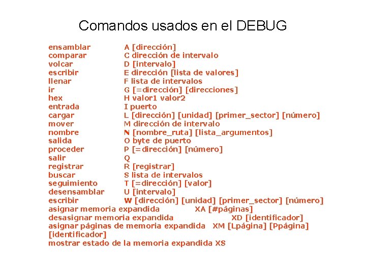 Comandos usados en el DEBUG ensamblar A [dirección] comparar C dirección de intervalo volcar