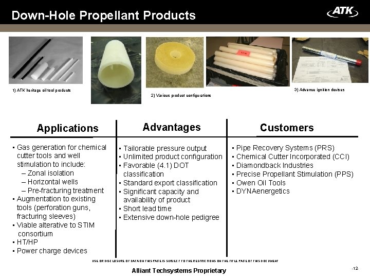 Down-Hole Propellant Products 3) Advance ignition devises 1) ATK heritage oil tool products 2)