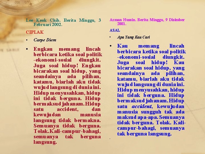 Lee Keok Chih. Berita Minggu, 3 Februari 2002. Azman Hussin. Berita Minggu, 9 Disimber