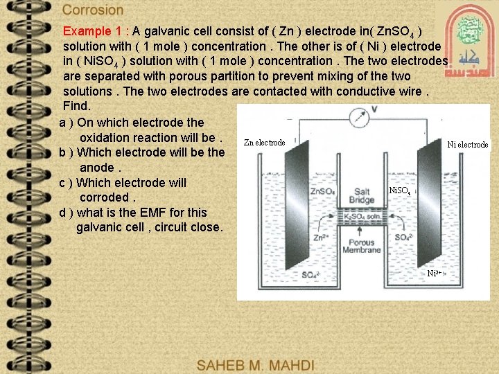 Example 1 : A galvanic cell consist of ( Zn ) electrode in( Zn.