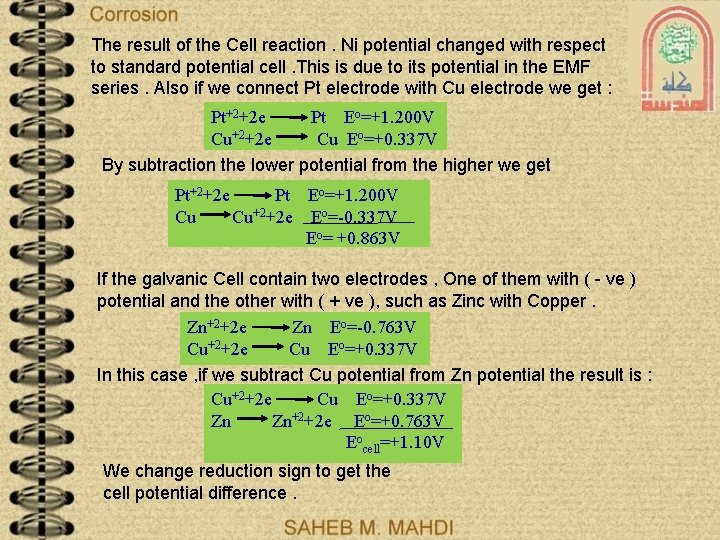 The result of the Cell reaction. Ni potential changed with respect to standard potential