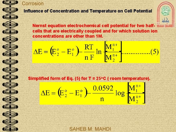 Influence of Concentration and Temperature on Cell Potential Nernst equation electrochemical cell potential for