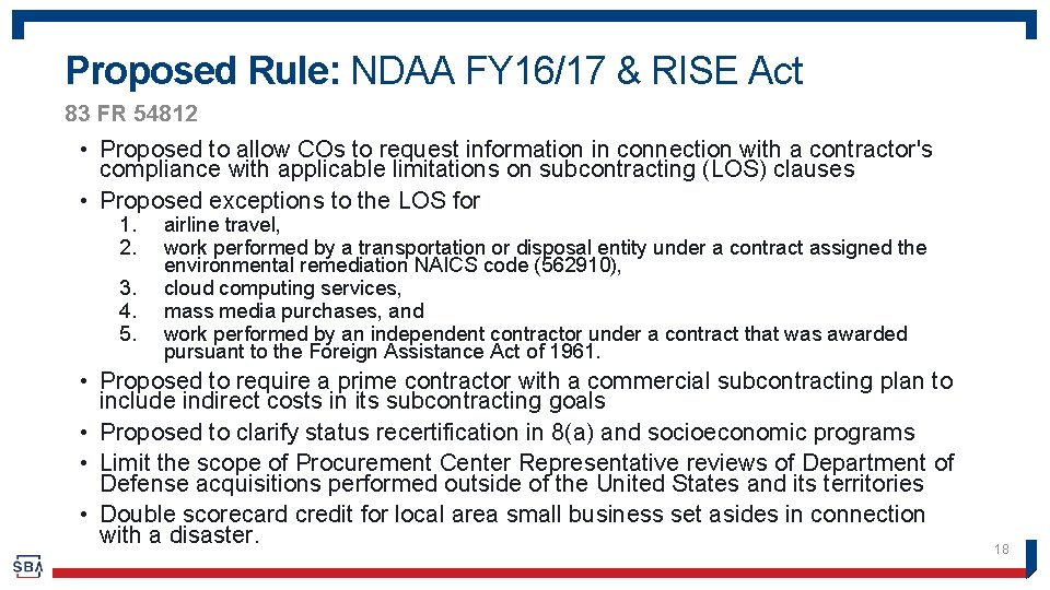 Proposed Rule: NDAA FY 16/17 & RISE Act 83 FR 54812 • Proposed to