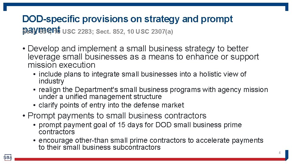 DOD-specific provisions on strategy and prompt payment Sect. 851, 10 USC 2283; Sect. 852,