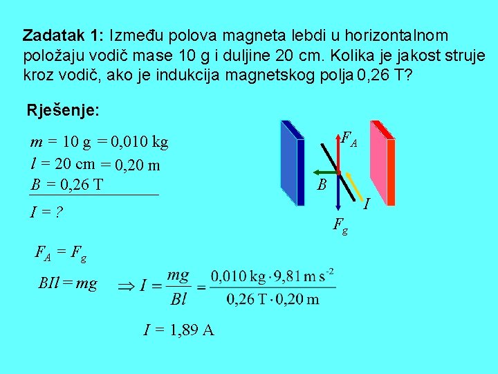 Zadatak 1: Između polova magneta lebdi u horizontalnom položaju vodič mase 10 g i
