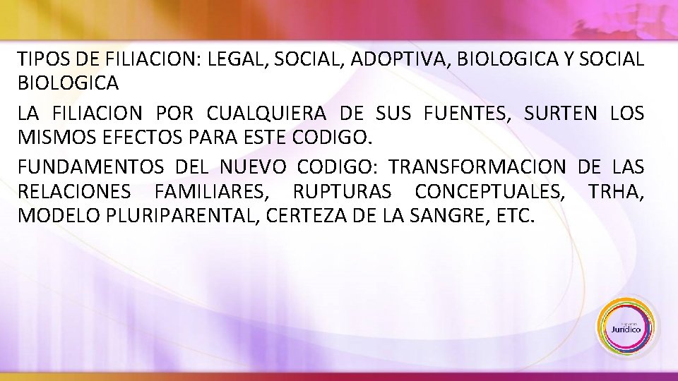TIPOS DE FILIACION: LEGAL, SOCIAL, ADOPTIVA, BIOLOGICA Y SOCIAL BIOLOGICA LA FILIACION POR CUALQUIERA