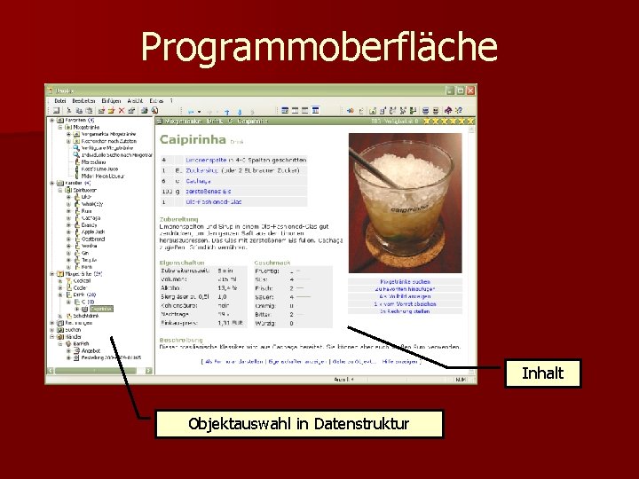 Programmoberfläche Inhalt Objektauswahl in Datenstruktur 