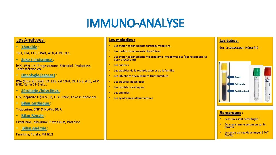 IMMUNO-ANALYSE Les Analyses : Les maladies : • Thyroïde : • Les dysfonctionnements corticosurrénaliens.