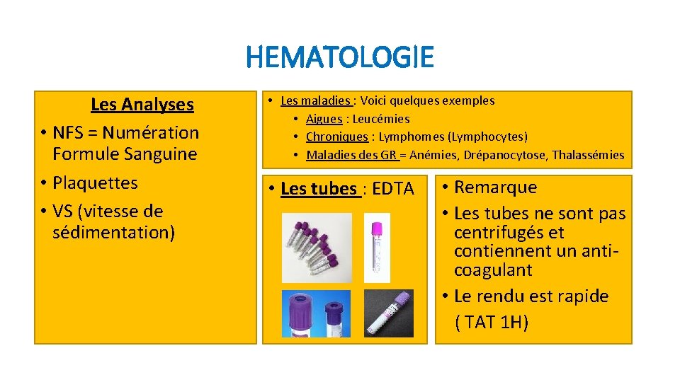 HEMATOLOGIE Les Analyses • NFS = Numération Formule Sanguine • Plaquettes • VS (vitesse