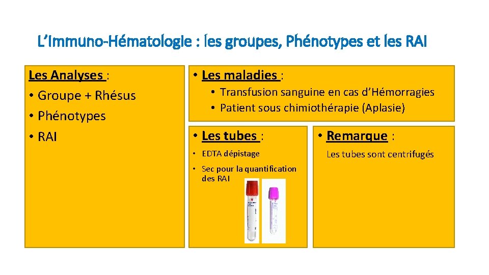 L’Immuno-Hématologie : les groupes, Phénotypes et les RAI Les Analyses : • Groupe +