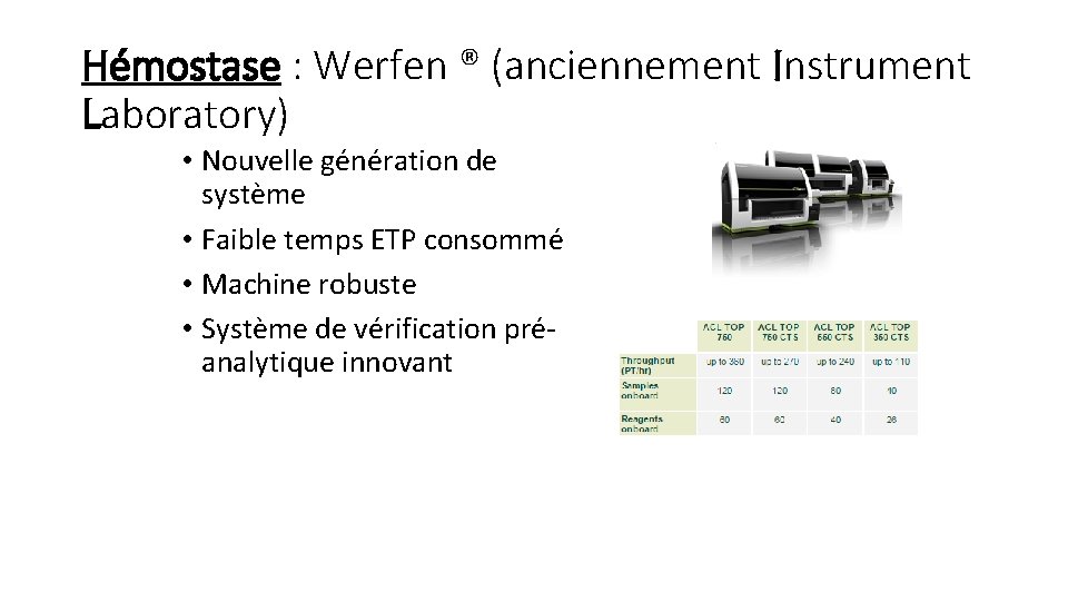 Hémostase : Werfen ® (anciennement Instrument Laboratory) • Nouvelle génération de système • Faible