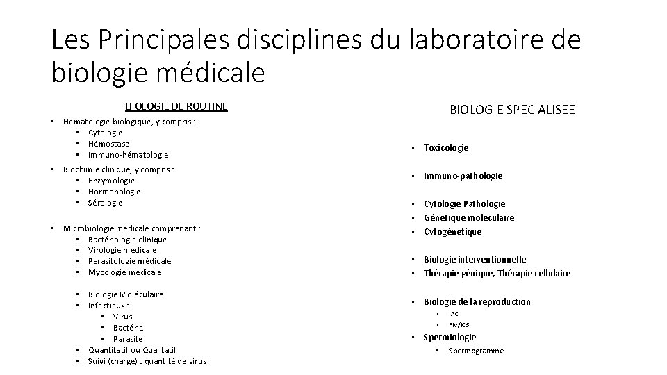 Les Principales disciplines du laboratoire de biologie médicale BIOLOGIE DE ROUTINE • Hématologie biologique,