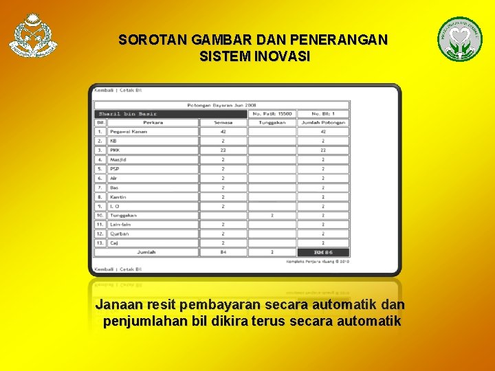 SOROTAN GAMBAR DAN PENERANGAN SISTEM INOVASI Janaan resit pembayaran secara automatik dan penjumlahan bil