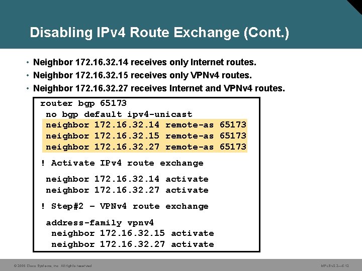 Disabling IPv 4 Route Exchange (Cont. ) • Neighbor 172. 16. 32. 14 receives