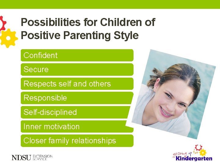 Possibilities for Children of Positive Parenting Style Confident Secure Respects self and others Responsible