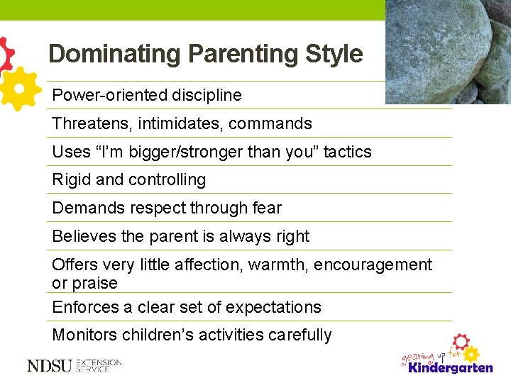 Dominating Parenting Style Power-oriented discipline Threatens, intimidates, commands Uses “I’m bigger/stronger than you” tactics